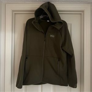 REI Co-Op Hoodie Men Large Olive Green Full Zip Outdoor Hiking Camping Pockets